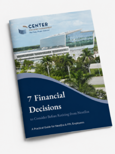 3D mockup of the complimentary retirement planning guide, "7 Financial Decisions to Consider Before Retiring from NextEra," from Center for Asset Management.