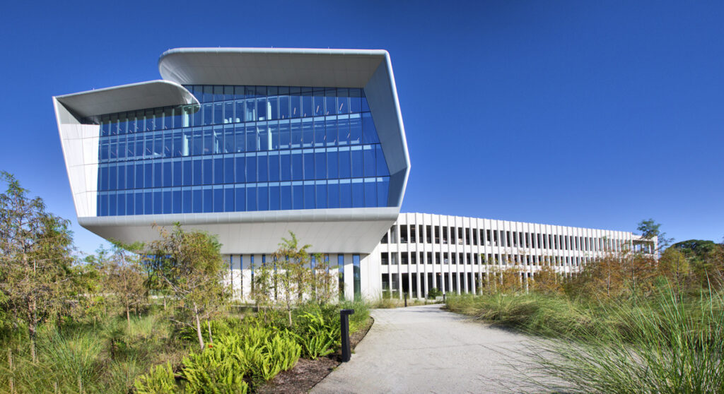 Exterior view of the NextEra Energy headquarters building in Palm Beach Gardens, Florida.